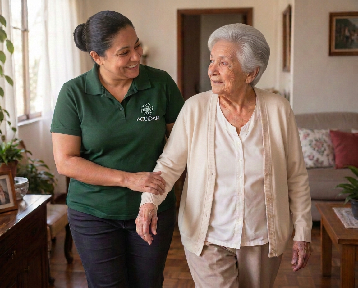Cuidadora Acuidar de camisa verde caminhando com uma idosa dentro de casa, em Caruaru